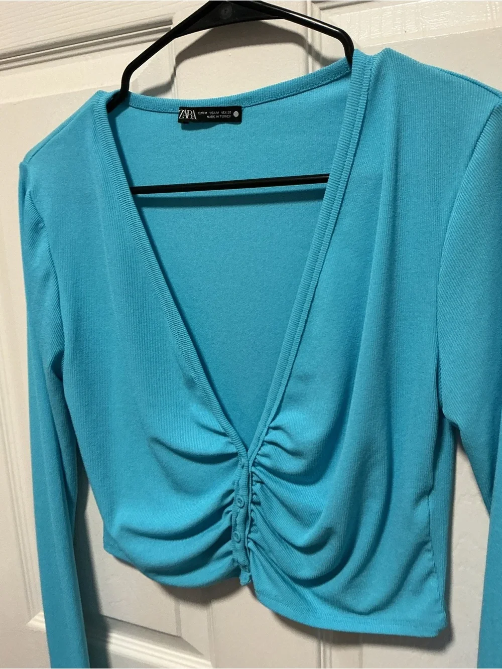Zara Turquoise Ruched Long Sleeve Crop Top Size Medium Y2K Coquette